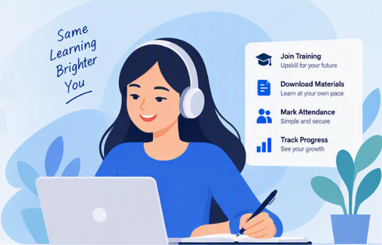 Learner with headphones studying online with JomDemy — join training, download materials, mark attendance and track progress